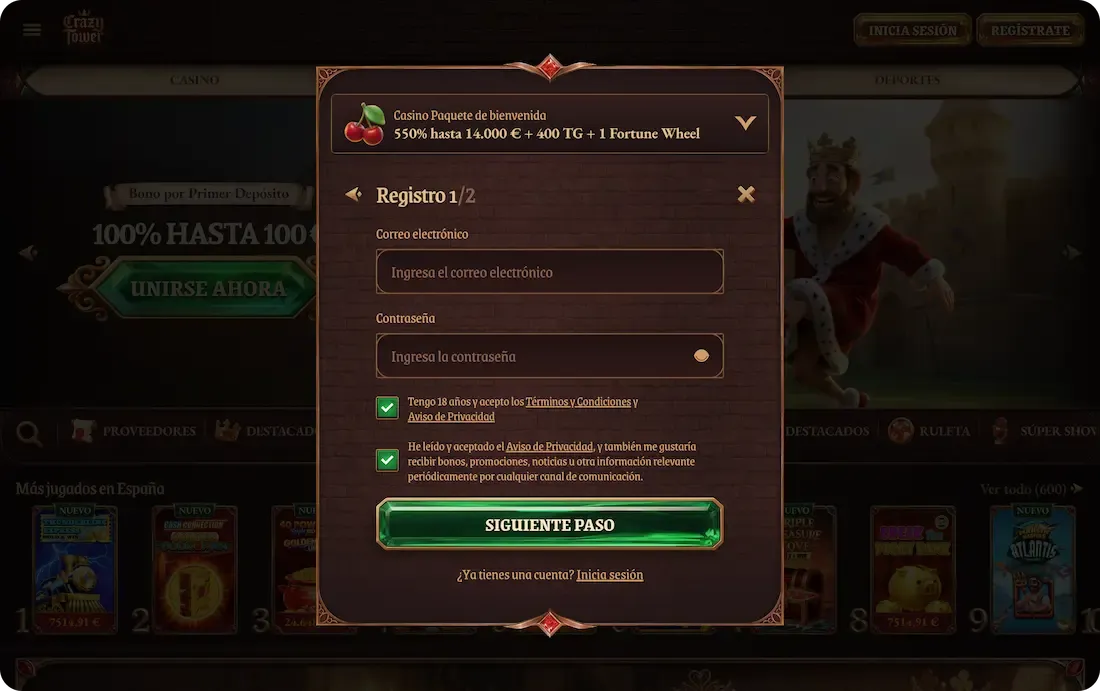 registro en el casino crazytower